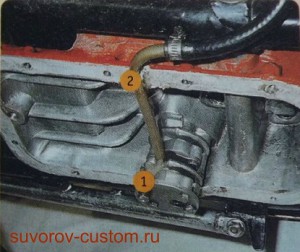 Дополнительный масляный насос в картере Урала.
1 - медная трубка вкручена в корпус насоса, 2 - выход трубки уплотнён герметиком.